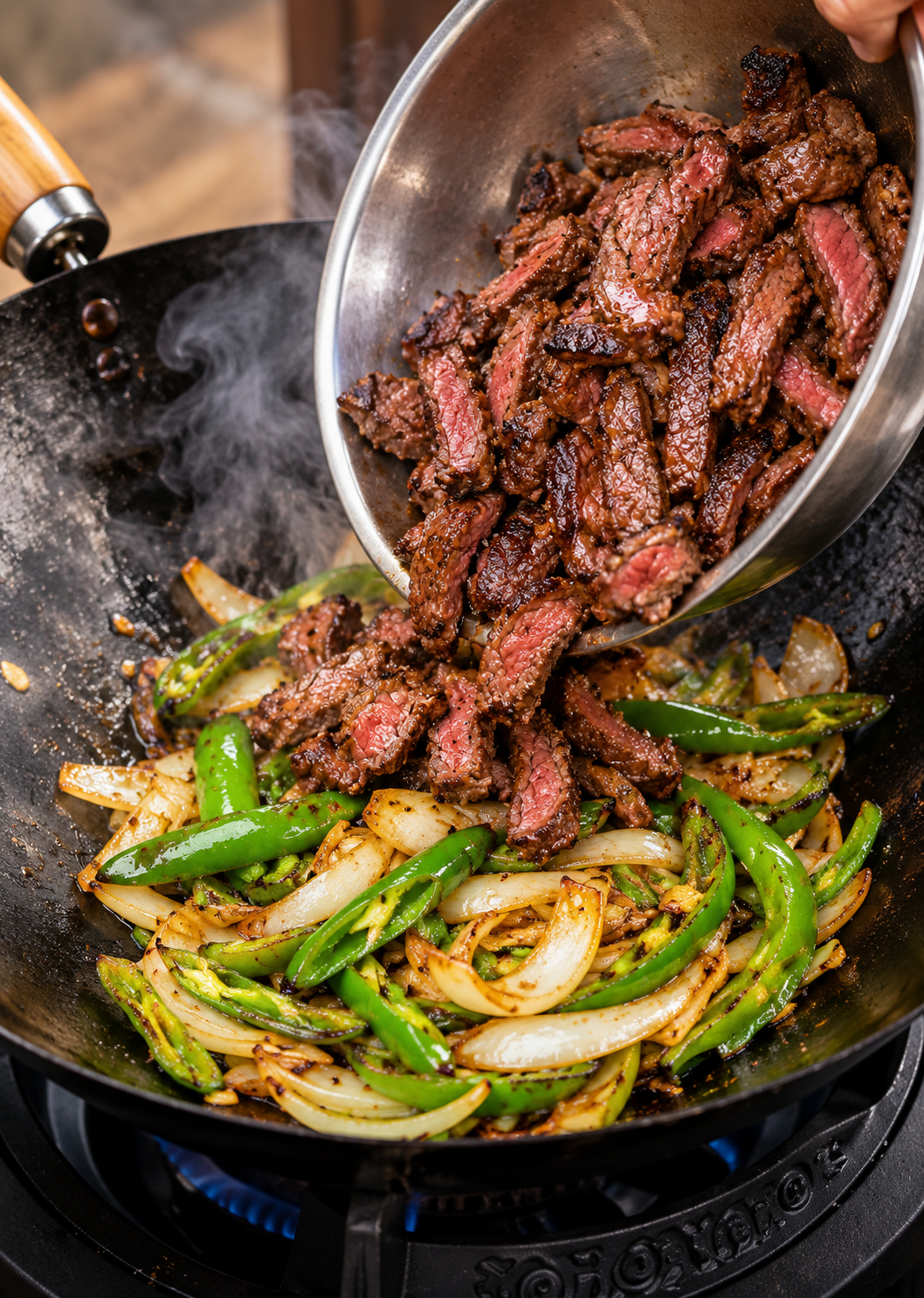Live-Fire Flank Steak and Sivri Pepper Wok Beef
