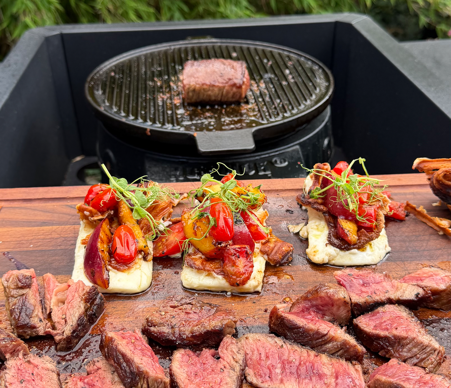 Wagyu Beef Strips with Grilled Cheese, Nectarines & Cherry Tomatoes